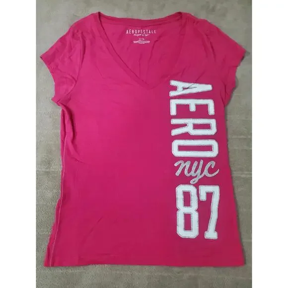 Vintage Aeropostale Pink V-Neck Graphic T-Shirt XL - Picture 1 of 4